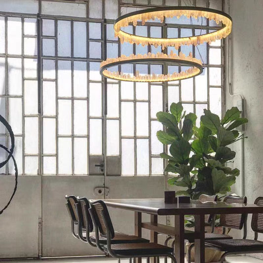 Modern Style Rings Brass & Natural Quartz Crystal Chandelier in Brass/Black Finish-Nobipets