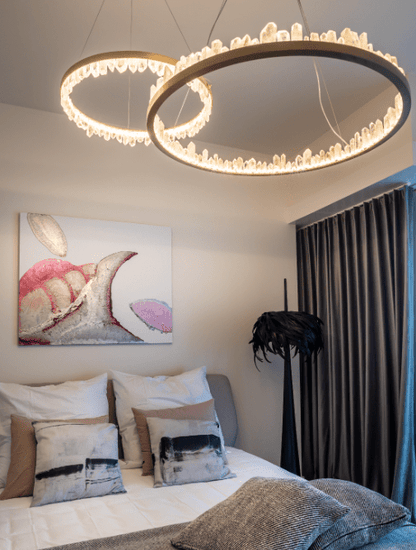 Modern Style Rings Brass & Natural Quartz Crystal Chandelier in Brass/Black Finish-Nobipets