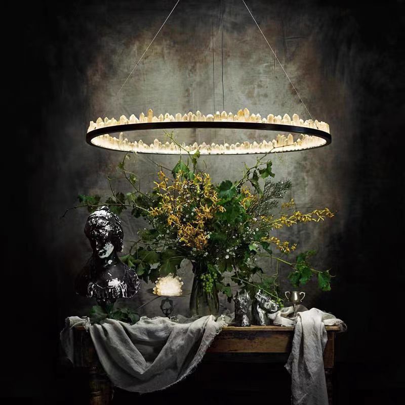 Modern Style Rings Brass & Natural Quartz Crystal Chandelier in Brass/Black Finish-Nobipets