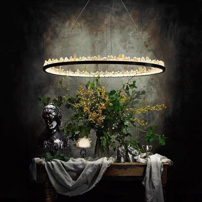 Modern Style Rings Brass & Natural Quartz Crystal Chandelier in Brass/Black Finish-Nobipets