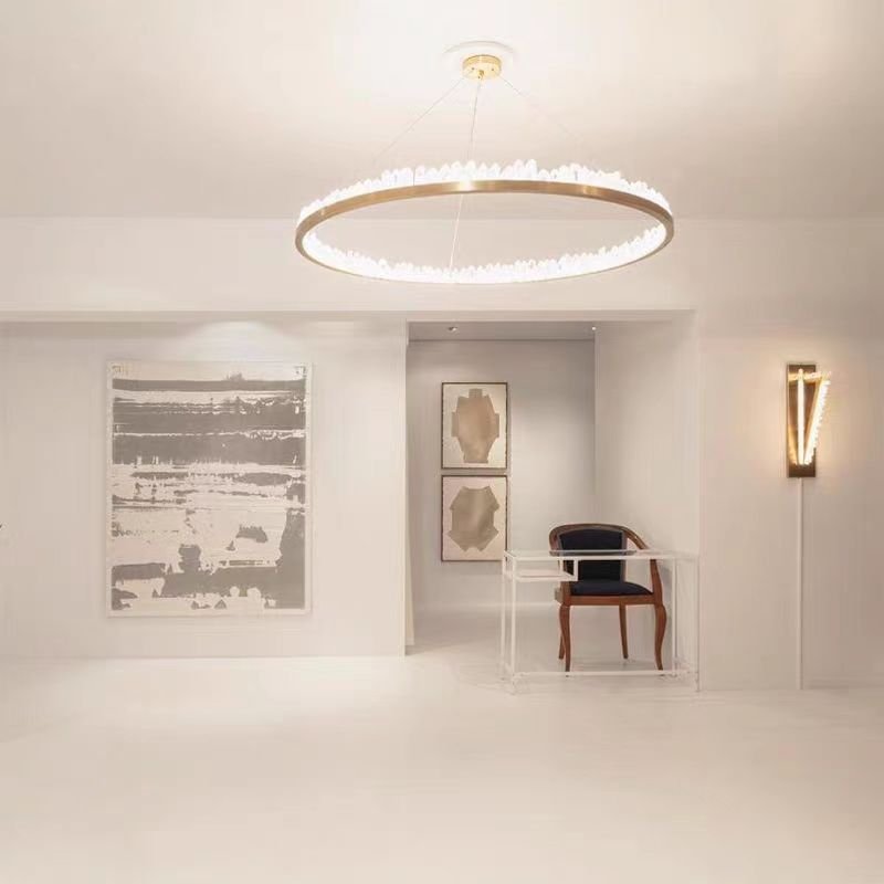 Modern Style Rings Brass & Natural Quartz Crystal Chandelier in Brass/Black Finish-Nobipets