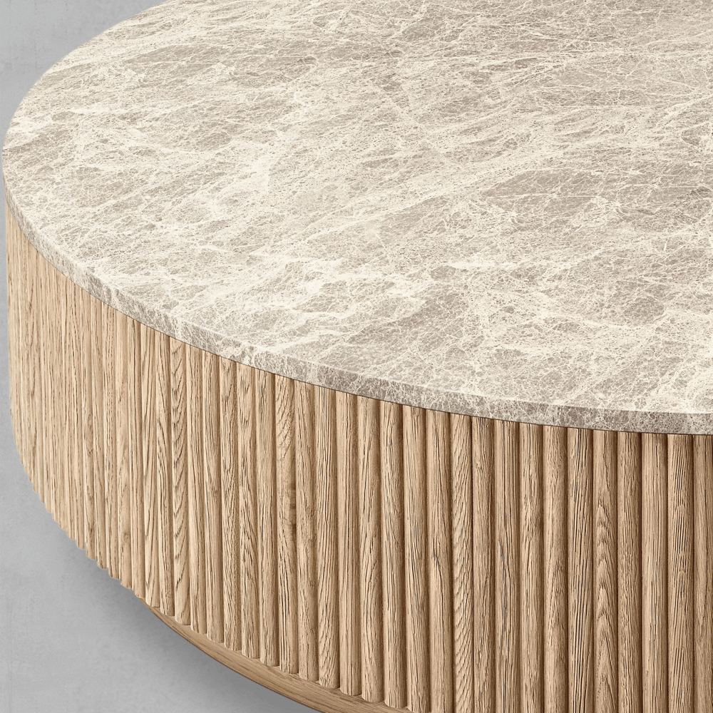 Mulholland Oak Wood & Stone Round Coffee Table