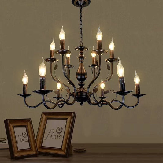 Multi Layer Iron Chandelier with Electronic Candles in Vintage Country Style for Living Room Cafe and Study-Nobipets