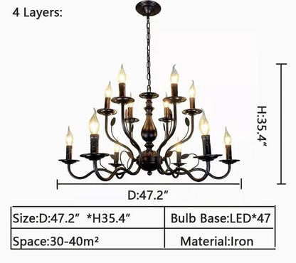 Multi Layer Iron Chandelier with Electronic Candles in Vintage Country Style for Living Room Cafe and Study-Nobipets