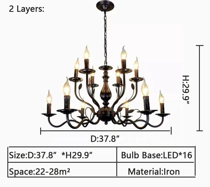 Multi Layer Iron Chandelier with Electronic Candles in Vintage Country Style for Living Room Cafe and Study-Nobipets