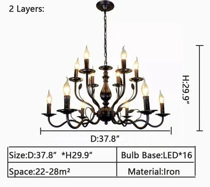 Multi Layer Iron Chandelier with Electronic Candles in Vintage Country Style for Living Room Cafe and Study-Nobipets