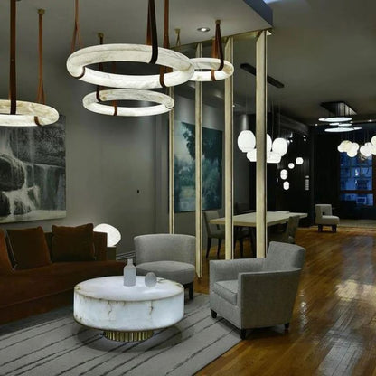 Olso Alabaster Halo Chandelier Round Pendant Light-Nobipets