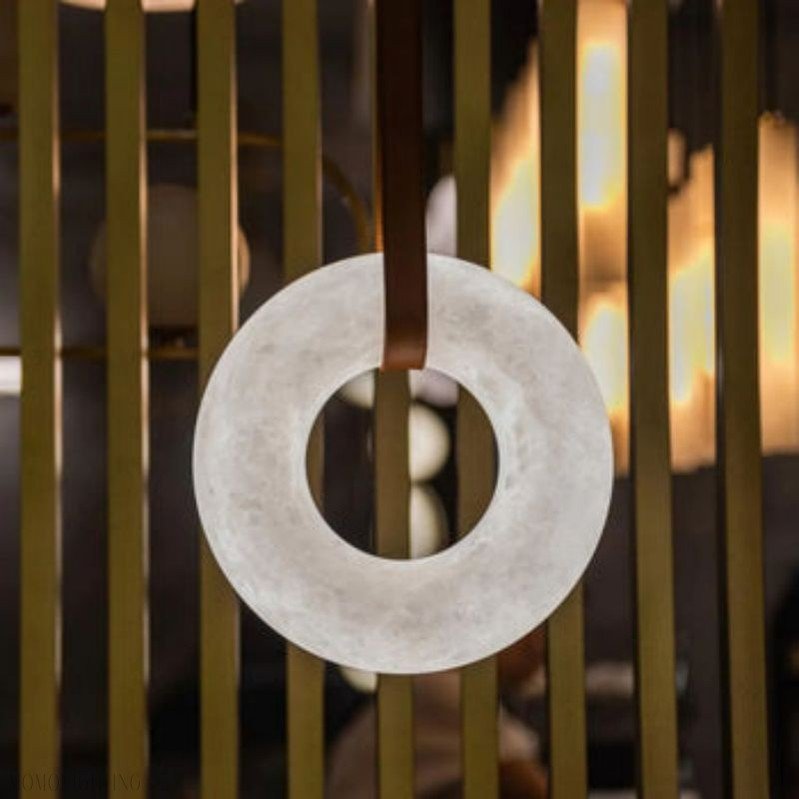 Oslo Alabaster Ring Round Pendant Chandelier, Modern Leather Strip Chandelier-Nobipets