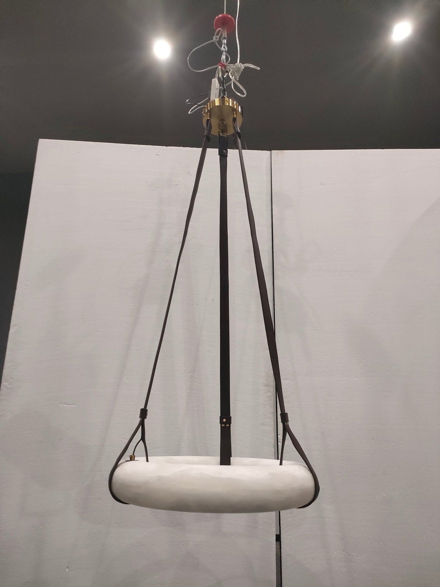 Oslo Alabaster Ring Round Pendant Chandelier, Modern Leather Strip Chandelier
