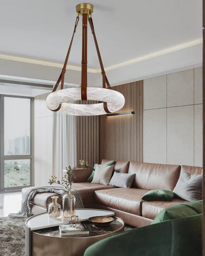 Oslo Alabaster Ring Round Pendant Chandelier, Modern Leather Strip Chandelier