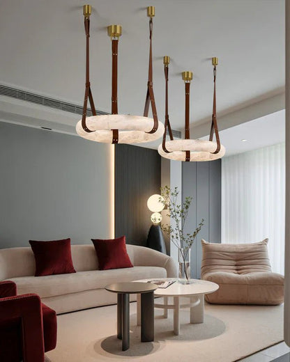 Oslo Alabaster Ring Round Pendant Chandelier, Modern Leather Strip Chandelier-Nobipets