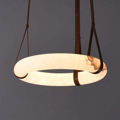Oslo Alabaster Ring Round Pendant Chandelier, Modern Leather Strip Chandelier
