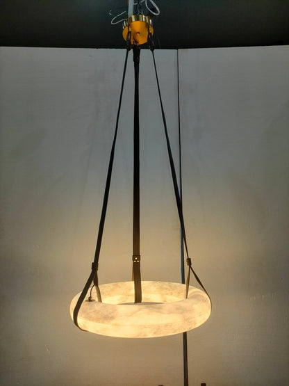 Oslo Alabaster Ring Round Pendant Chandelier, Modern Leather Strip Chandelier