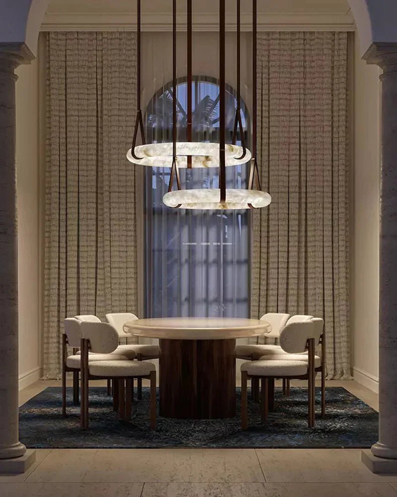 Oslo Alabaster Ring Round Pendant Chandelier, Modern Leather Strip Chandelier-Nobipets
