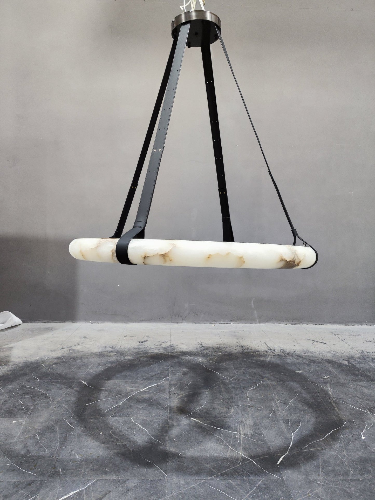 Oslo Alabaster Ring Round Pendant Chandelier, Modern Leather Strip Chandelier