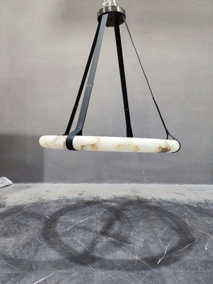Oslo Alabaster Ring Round Pendant Chandelier, Modern Leather Strip Chandelier