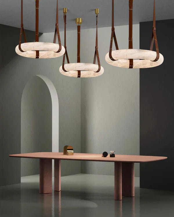 Oslo Alabaster Ring Round Pendant Chandelier, Modern Leather Strip Chandelier-Nobipets