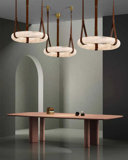 Oslo Alabaster Ring Round Pendant Chandelier, Modern Leather Strip Chandelier-Nobipets