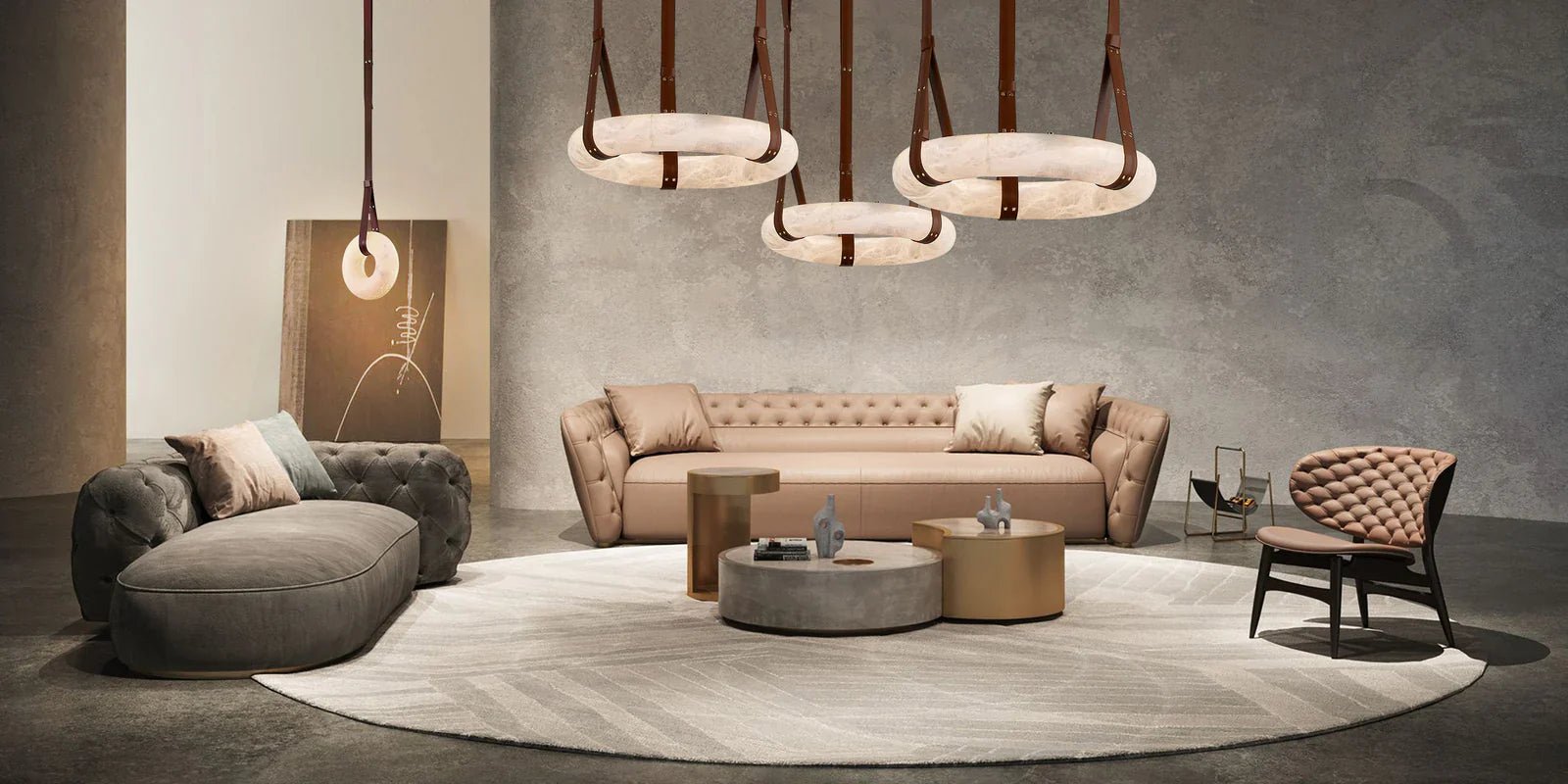 Oslo Alabaster Ring Round Pendant Chandelier, Modern Leather Strip Chandelier-Nobipets