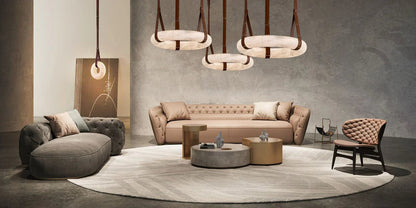 Oslo Alabaster Ring Round Pendant Chandelier, Modern Leather Strip Chandelier-Nobipets