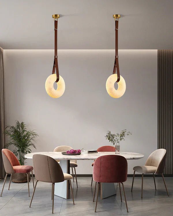 Oslo Alabaster Ring Round Pendant Chandelier, Modern Leather Strip Chandelier