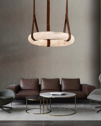 Oslo Alabaster Ring Round Pendant Chandelier, Modern Leather Strip Chandelier