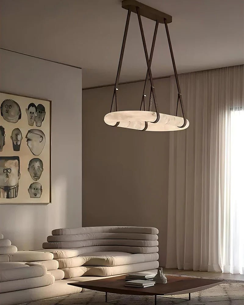 Oslo Alabaster Ring Round Pendant Chandelier, Modern Leather Strip Chandelier-Nobipets