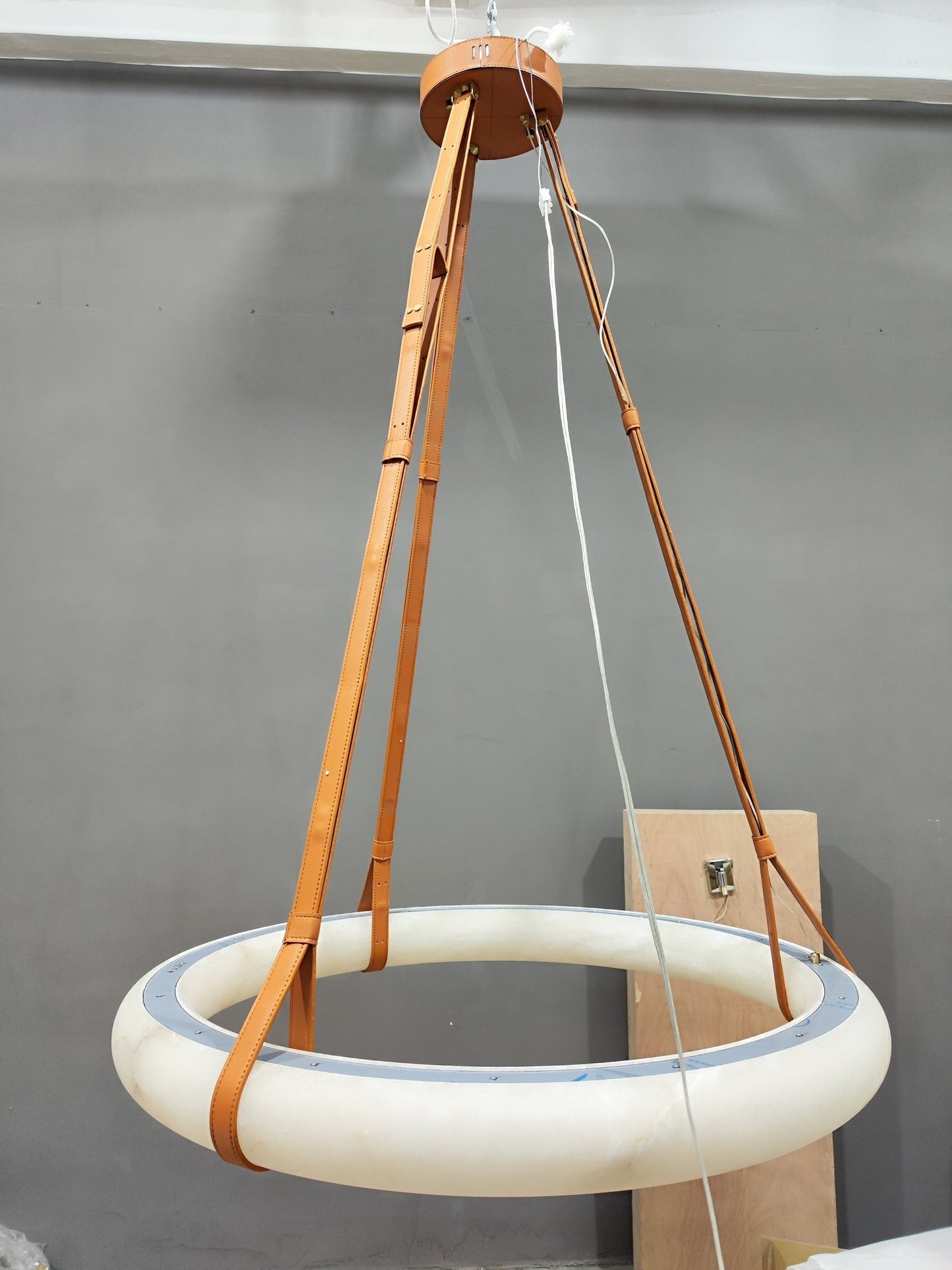 Oslo Alabaster Ring Round Pendant Chandelier, Modern Leather Strip Chandelier