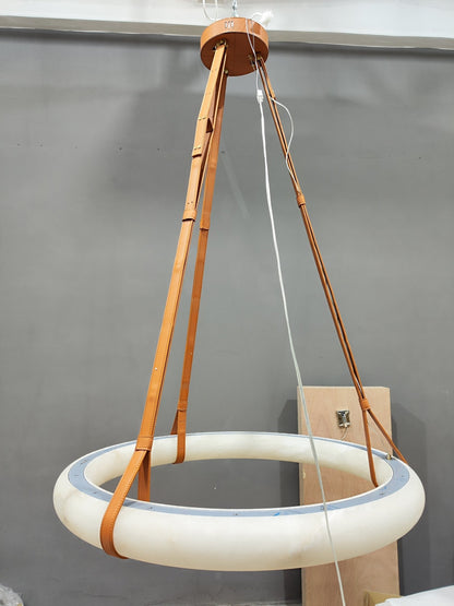 Oslo Alabaster Ring Round Pendant Chandelier, Modern Leather Strip Chandelier