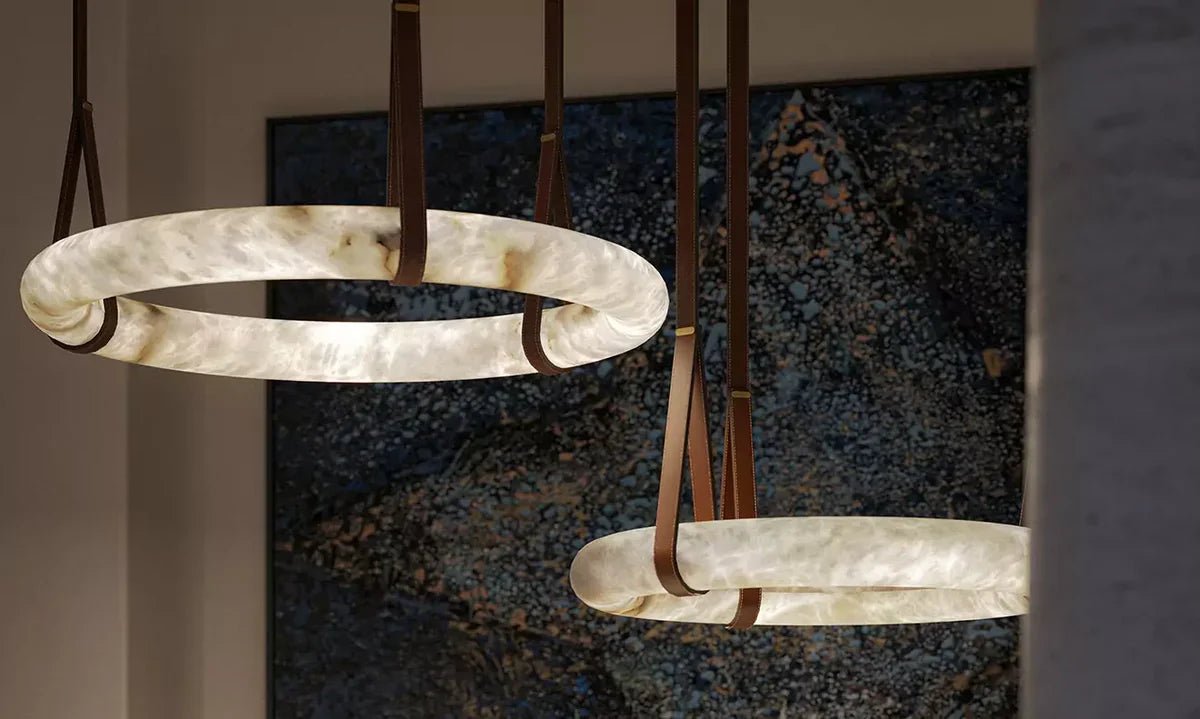Oslo Alabaster Ring Round Pendant Chandelier, Modern Leather Strip Chandelier