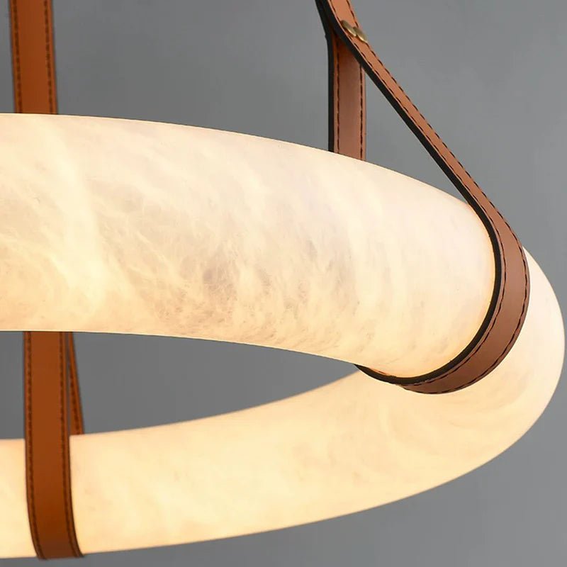 Oslo Alabaster Ring Round Pendant Chandelier, Modern Leather Strip Chandelier