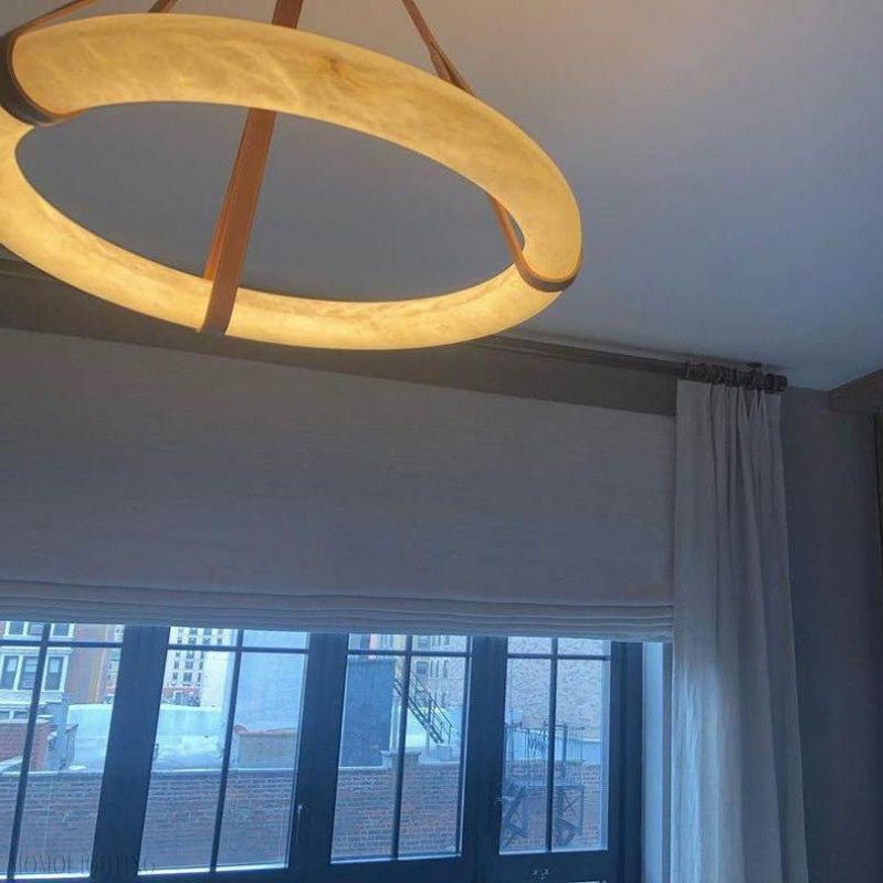 Oslo Alabaster Ring Round Pendant Chandelier, Modern Leather Strip Chandelier-Nobipets