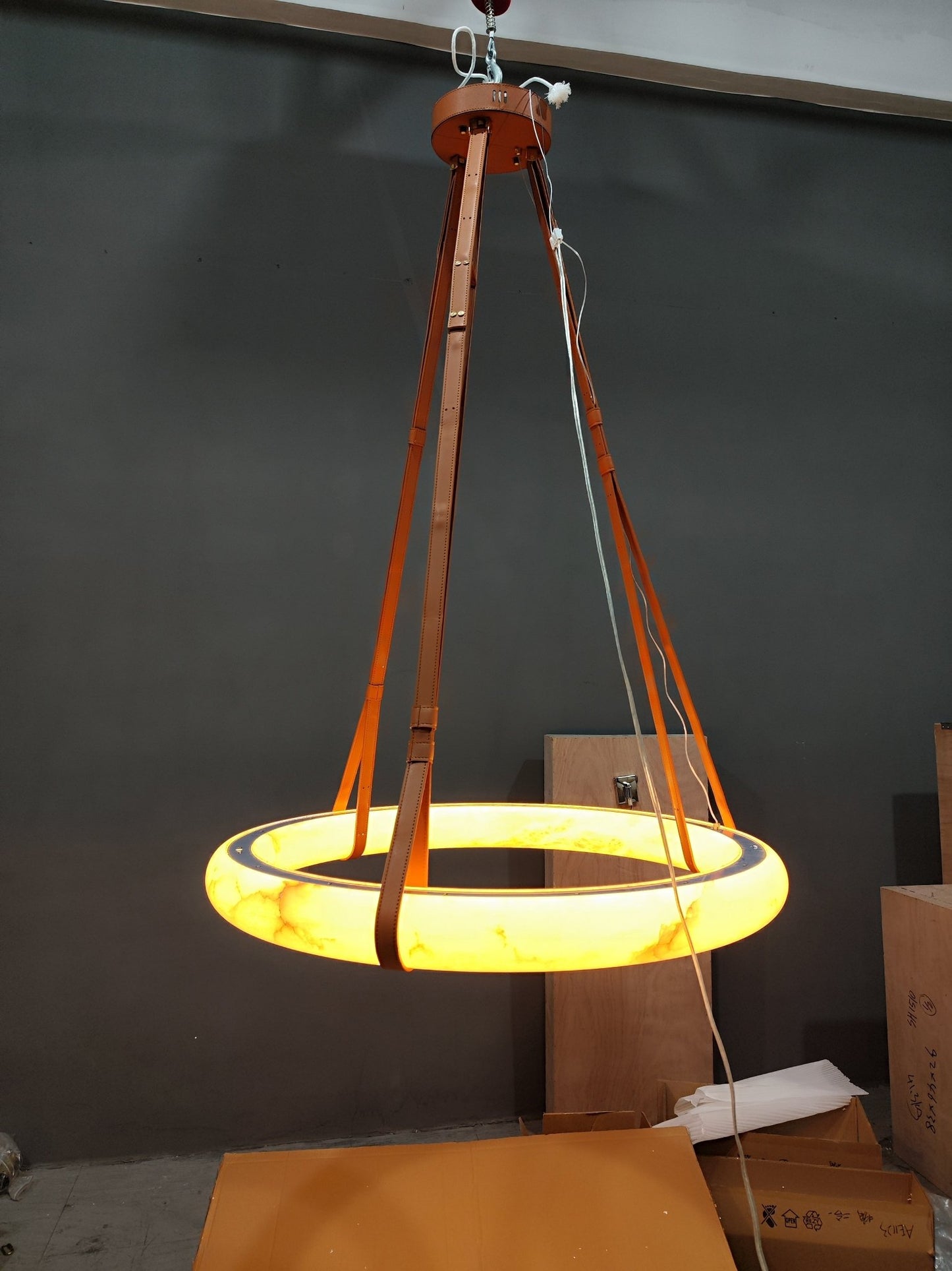 Oslo Alabaster Ring Round Pendant Chandelier, Modern Leather Strip Chandelier