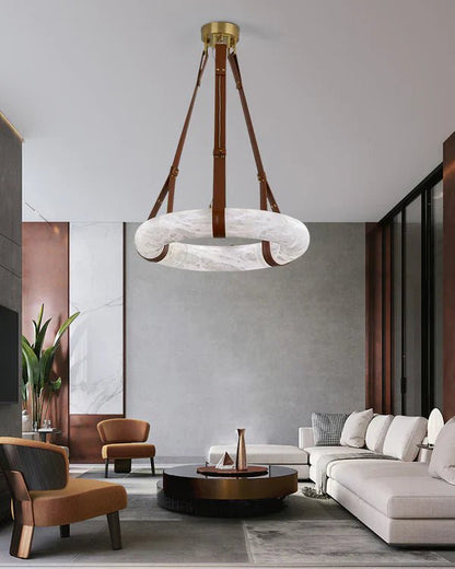Oslo Alabaster Ring Round Pendant Chandelier, Modern Leather Strip Chandelier-Nobipets