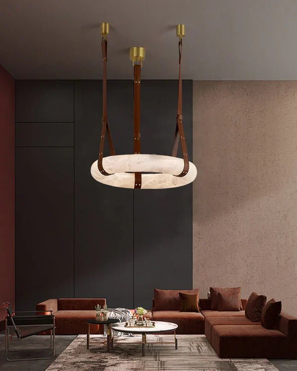 Oslo Alabaster Ring Round Pendant Chandelier, Modern Leather Strip Chandelier-Nobipets