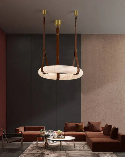Oslo Alabaster Ring Round Pendant Chandelier, Modern Leather Strip Chandelier-Nobipets