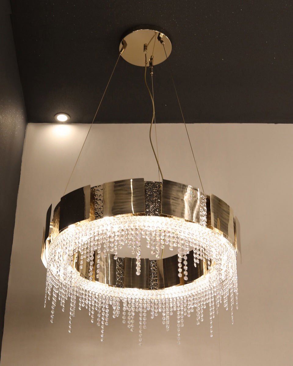 Post-modern Light Luxury Oval/Round Tiered Tassel Crystal Chandelier in Gold Finish for Living/Dining Room-Nobipets