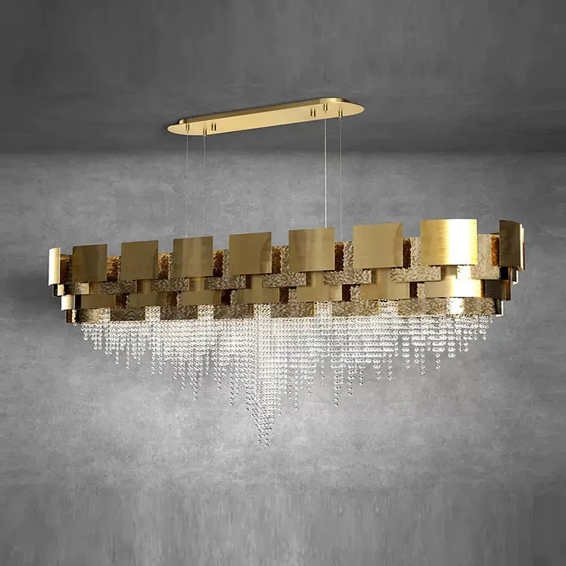 Post-modern Light Luxury Oval/Round Tiered Tassel Crystal Chandelier in Gold Finish for Living/Dining Room-Nobipets