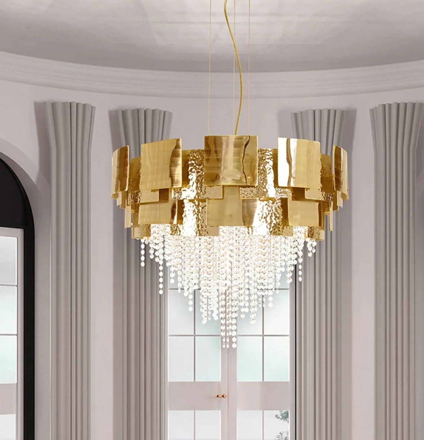 Post-modern Light Luxury Oval/Round Tiered Tassel Crystal Chandelier in Gold Finish for Living/Dining Room-Nobipets