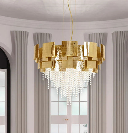 Post-modern Light Luxury Oval/Round Tiered Tassel Crystal Chandelier in Gold Finish for Living/Dining Room-Nobipets