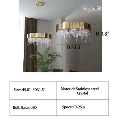 Post-modern Light Luxury Oval/Round Tiered Tassel Crystal Chandelier in Gold Finish for Living/Dining Room-Nobipets