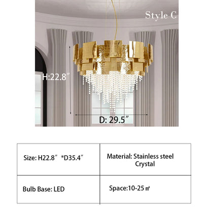 Post-modern Light Luxury Oval/Round Tiered Tassel Crystal Chandelier in Gold Finish for Living/Dining Room-Nobipets