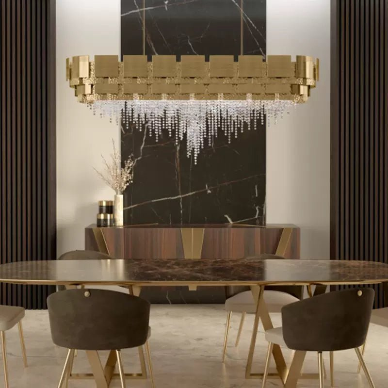 Post-modern Light Luxury Oval/Round Tiered Tassel Crystal Chandelier in Gold Finish for Living/Dining Room-Nobipets