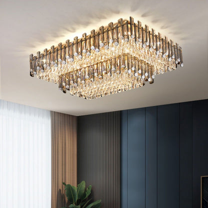 Rectangle Flush Mounted Living Room Chandelier Crystal Ceiling Light Fixture For Long Dining Table-Nobipets