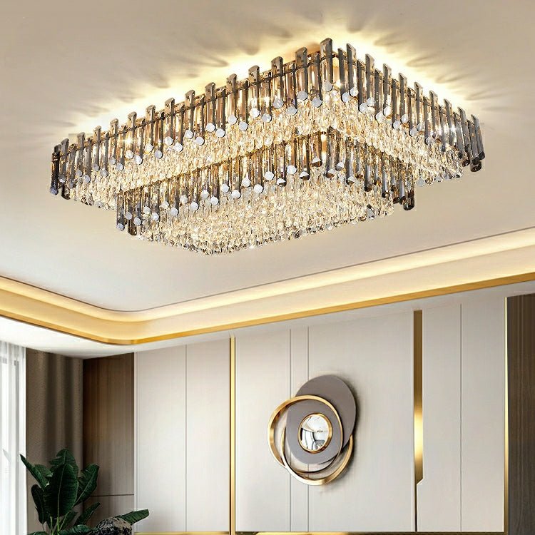Rectangle Flush Mounted Living Room Chandelier Crystal Ceiling Light Fixture For Long Dining Table-Nobipets