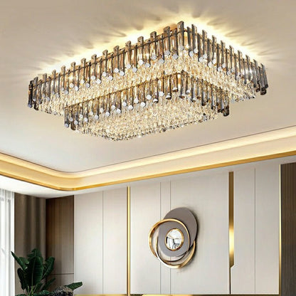 Rectangle Flush Mounted Living Room Chandelier Crystal Ceiling Light Fixture For Long Dining Table-Nobipets
