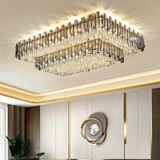 Rectangle Flush Mounted Living Room Chandelier Crystal Ceiling Light Fixture For Long Dining Table-Nobipets