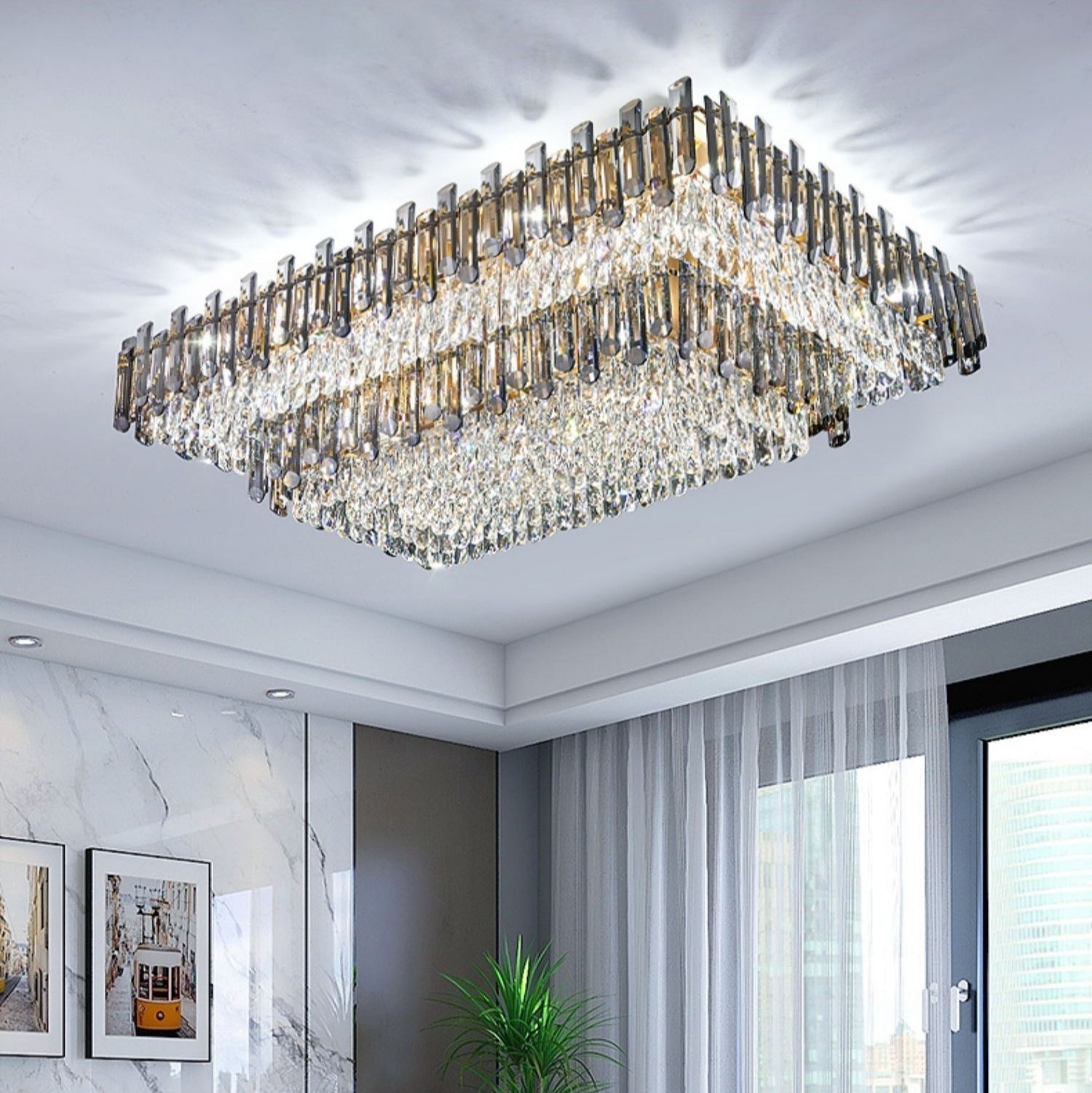 Rectangle Flush Mounted Living Room Chandelier Crystal Ceiling Light Fixture For Long Dining Table-Nobipets