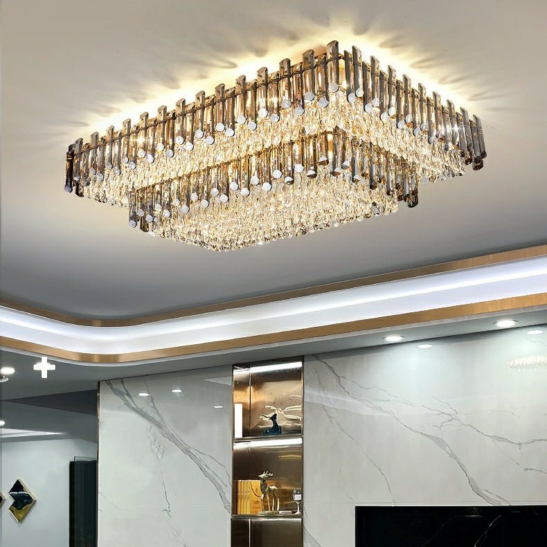 Rectangle Flush Mounted Living Room Chandelier Crystal Ceiling Light Fixture For Long Dining Table-Nobipets