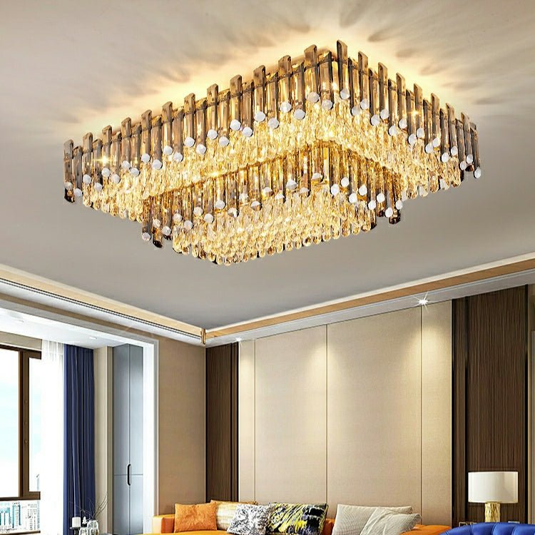 Rectangle Flush Mounted Living Room Chandelier Crystal Ceiling Light Fixture For Long Dining Table-Nobipets